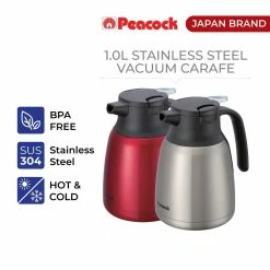 Peacock 1.0L Stainless Steel Vacuum Carafe - Red