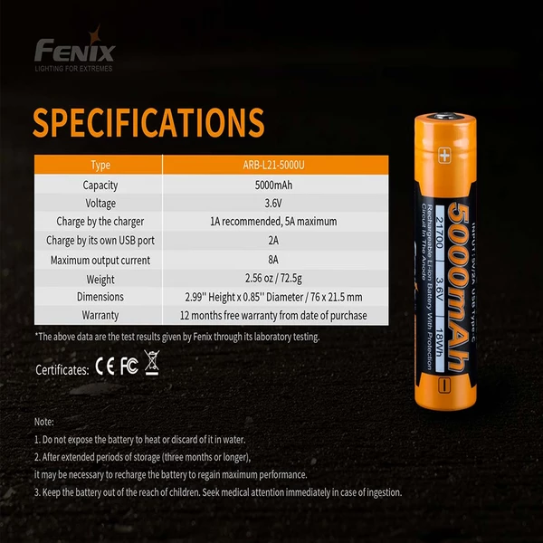 Fenix ARB-L21-5000U Rechargeable Battery 5 Fenix ARB-L21-5000U Rechargeable Battery