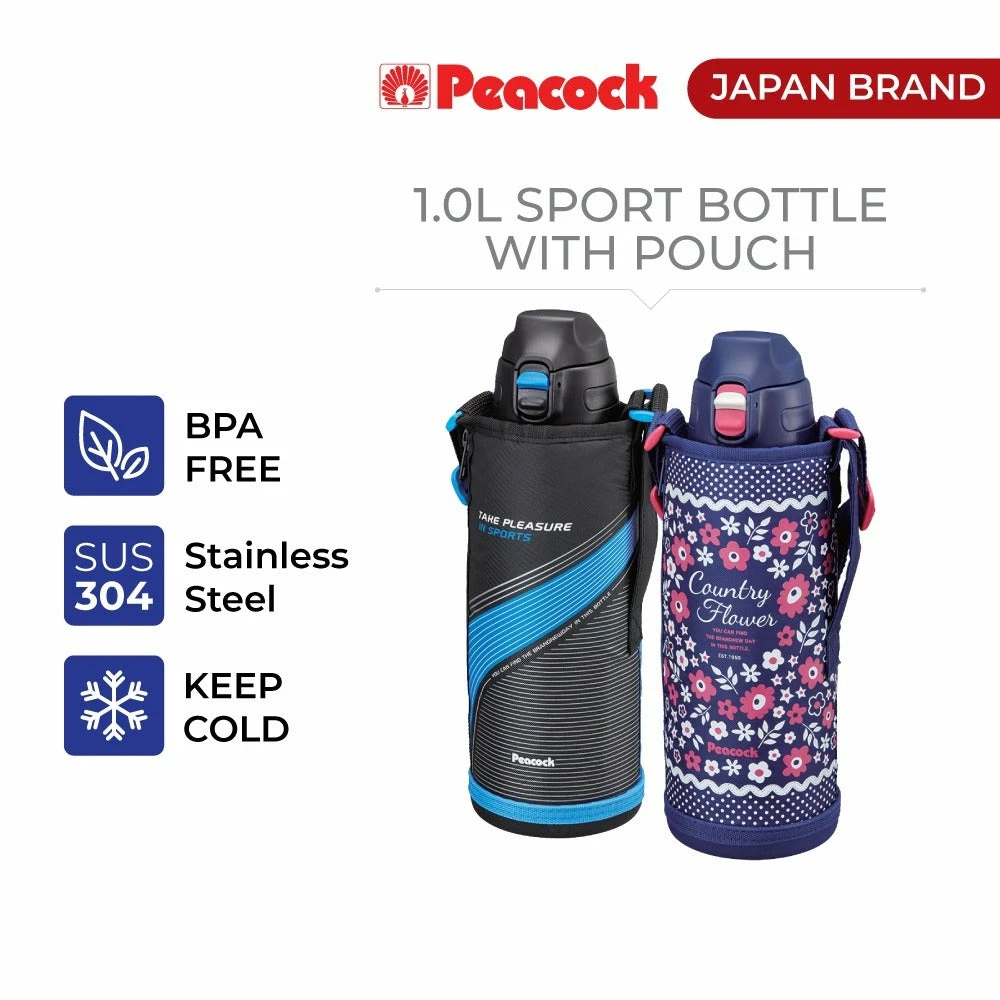 Peacock 1.0L Sport Bottle With Pouch - Navy Flower 6 Peacock 1.0L Sport Bottle With Pouch - Navy Flower