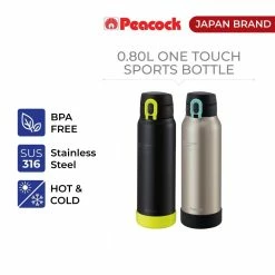 Peacock 0.80L One Touch Sports Bottle - Salmon Pink